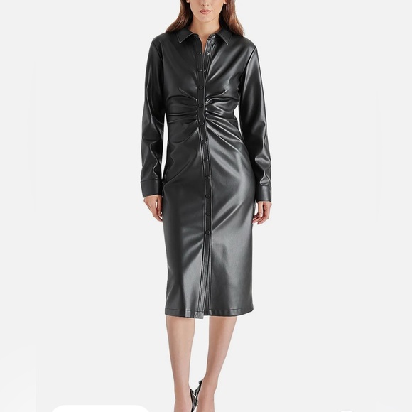 Steve Madden Dresses & Skirts - Steve Madden Mclain Womens Faux Leather Midi Shirtdress Black Dress